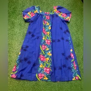 Hilo Hattie Blue Dress with Pink and Yellow Floral Pattern